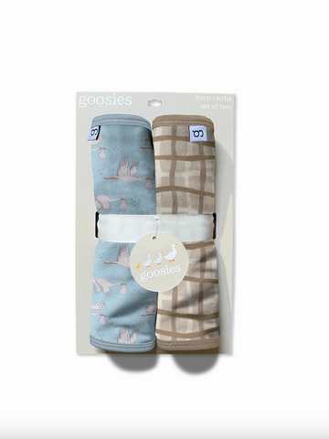 Goosies-Burp Cloths Set of 2 (Stork Blue/Tan Wavy Plaid)