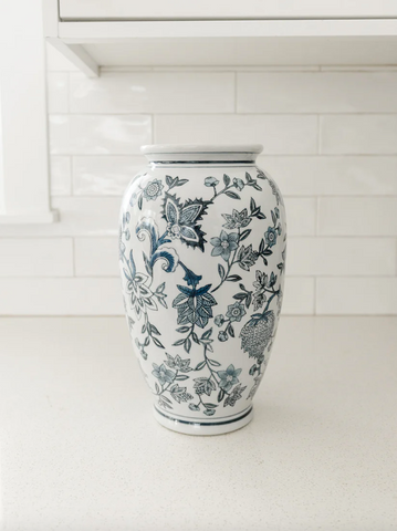 K&K-12 Inch Navy Blue & White Porcelain Chinoiserie Vase