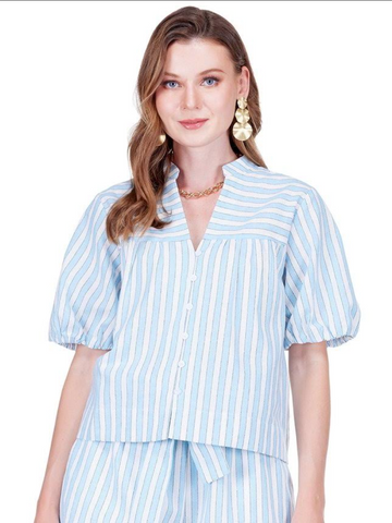 JOY JOY- BLUE STRIPE PUFF SLEEVE SHIRT