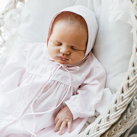 Feltman- Girls Dot Embroidered Take Me Home Gown with Bonnet