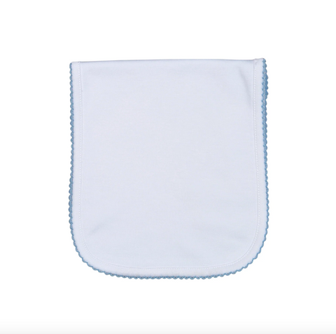 Baby Loren- White Burping Pad Blue Picot Trim.