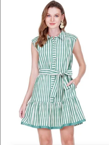 Joy Joy- Contrast Shirtdress-Green Stripe