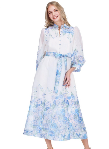 Jade-Blue Wildflower-Stand Collar A-Line 50" Dress
