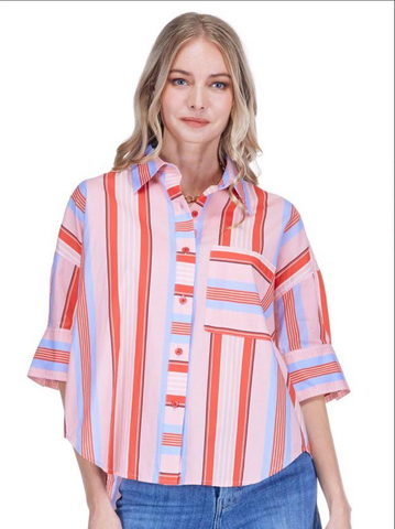 Joy Joy-  Red Stripe- Button Short Sleeve Shirt