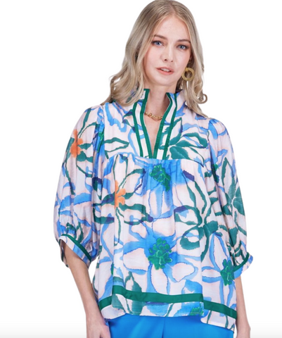 Jade- Stand Collar Puff Sleeve Top, Wandering Bloom