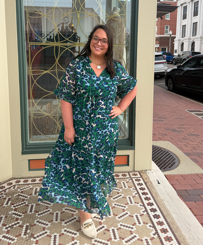 EMERALD LEOPARD RUFFLES CINCHED WAIST MIDI-JADE