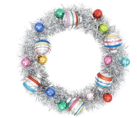 CHRISTMAS CONFETTI SILVER TINSEL WREATH WITH 1" AND 1.75" ROUNDS- shiny brite Chritopher Radko