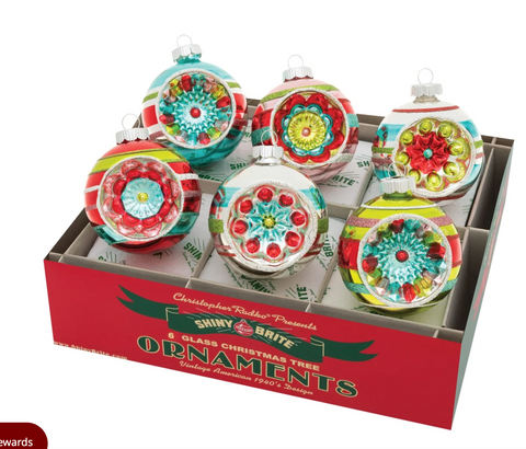 Festive Fete 6 Count 3.25" Decorated Reflector Rounds- Shiny Brite Christopher Radko