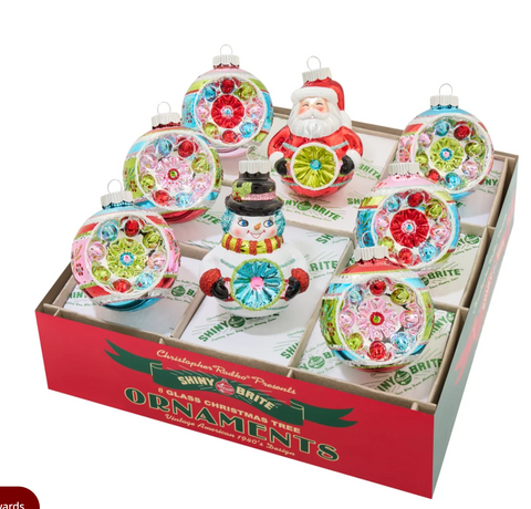 FESTIVE FETE 8 COUNT FIGURES AND REFLECTOR ROUNDS- Christopher Radko Shiny Brite