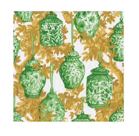 Ginger Jars Green/White Cocktail Napkin- caspari