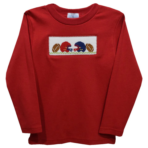 Football Smocked Red knit Long Sleeve Boys Tee Shirt