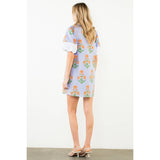 THML- PURPLE Puff Sleeve Flower Print V-Neck Dress