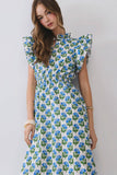Floral Print Ruffle Sleeve Tiered Midi Dress