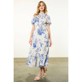 Floral BLUE Print Short Sleeve Maxi Dress-THML