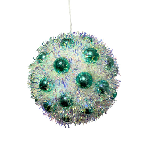 Iridescent Metallic Tinsel Mini Aqua Ball Ornament 4.5"