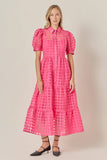 ENGLISH FACOTRY Gridded Organza Tiered Maxi Dress: CORAL