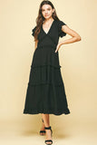 BLACK RUFFLED TEA LENGTH DRESS