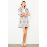 THML- PURPLE Puff Sleeve Flower Print V-Neck Dress