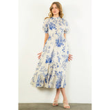 Floral BLUE Print Short Sleeve Maxi Dress-THML
