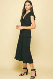 BLACK RUFFLED TEA LENGTH DRESS