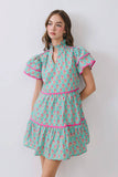 Floral Print Tiered Flutter Sleeve Mini Dress Green