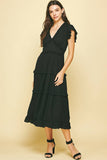 BLACK RUFFLED TEA LENGTH DRESS