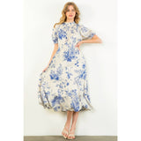 Floral BLUE Print Short Sleeve Maxi Dress-THML