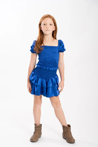 KIDS AMBER SMOCKED RUFFLE DRESS-royal blue