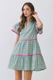 Floral Print Tiered Flutter Sleeve Mini Dress Green
