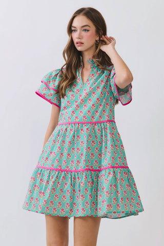 Floral Print Tiered Flutter Sleeve Mini Dress Green