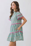 Floral Print Tiered Flutter Sleeve Mini Dress Green