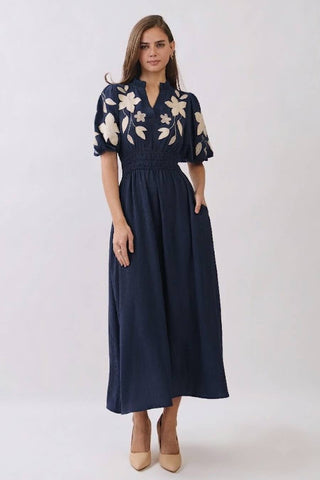 Embroidered Midi Dress: DIVE NAVY