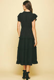 BLACK RUFFLED TEA LENGTH DRESS