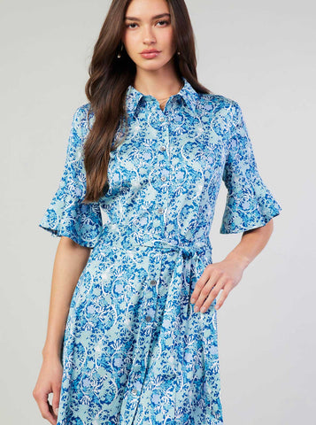 Bohemian Floral Printed Shirts Dress: Blue
