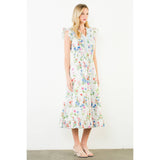 Ruffle Sleeves Floral Print Tiered Dress-THML