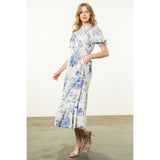 Floral BLUE Print Short Sleeve Maxi Dress-THML