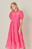 ENGLISH FACOTRY Gridded Organza Tiered Maxi Dress: CORAL