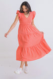 Karlie GAUZE VNECK SMOCK TIER MAXI DRESS Coral