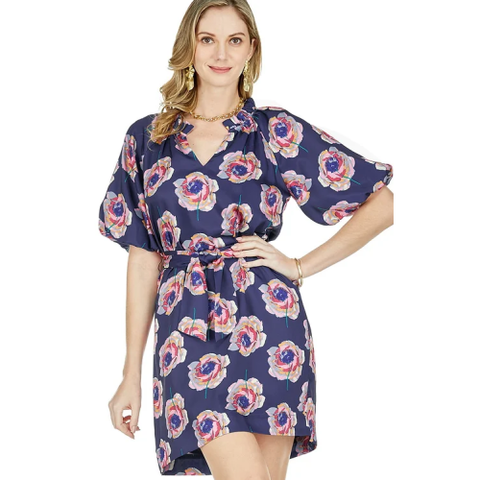 JADE NAVY ROSE SPLIT NECK PUFF SLEEVE DRESS