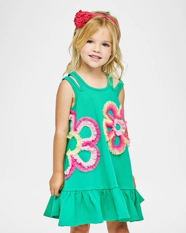 Green A-line Dress w/ Mesh Flower Detail- BABY SARA