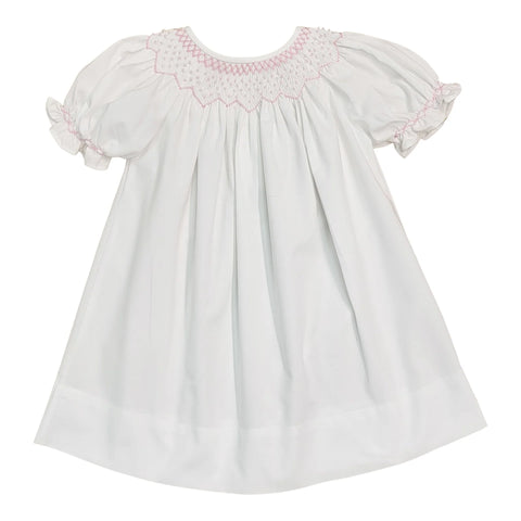 Dreams Cathy Pink Pearl Smocked White Dress