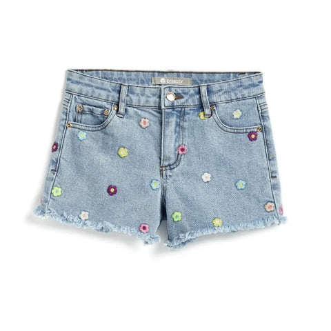 Embroidered Fray Hem Shorts- Tractr