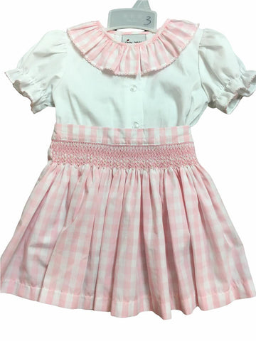 Pink Check Smocked Skirt/Blouse Set