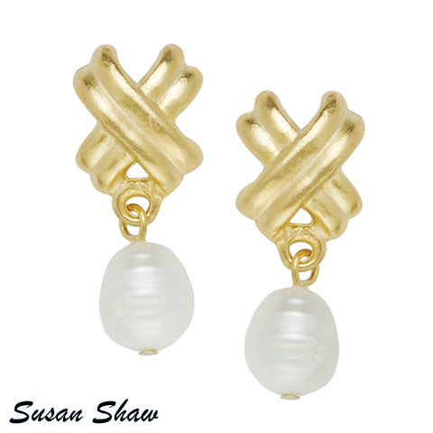 Gold Texas X's W/Freshwater Pearls Earrings