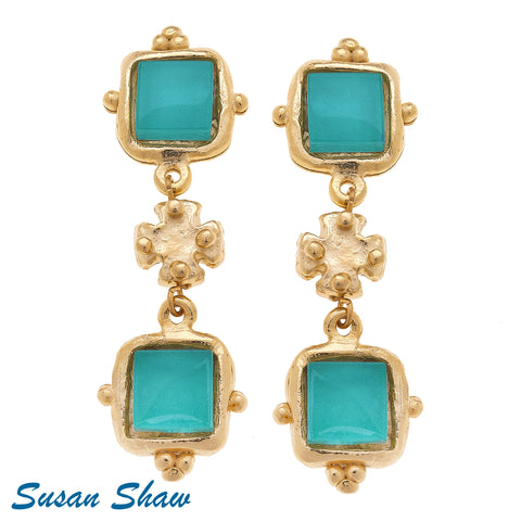 Teal French Glass And Gold Cross Earring