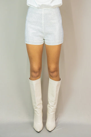 White Rhinestone Zip Shorts