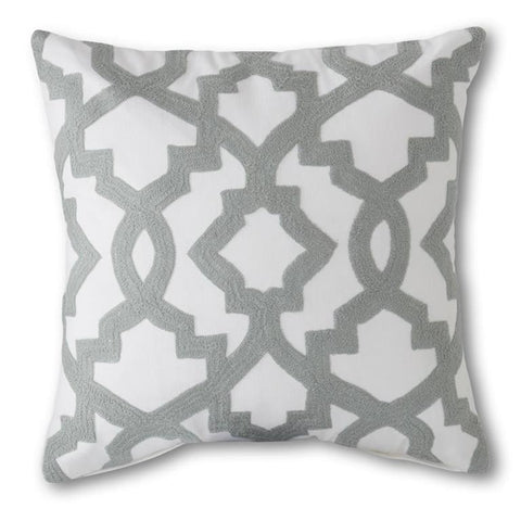 Square White Cotton Needlepoint Pillow/Deep Gray Geometric Pattern