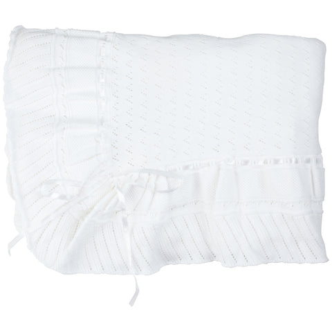 Feltman White Pointelle Knit Ruffle Blanket