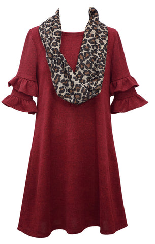 Burgundy 3/4 Double Ruffle Sleeve Knit Dress