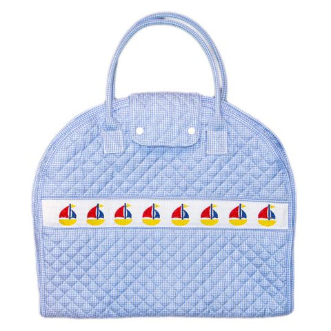 Blue Gingham Smocked Sailboat Garment Bag